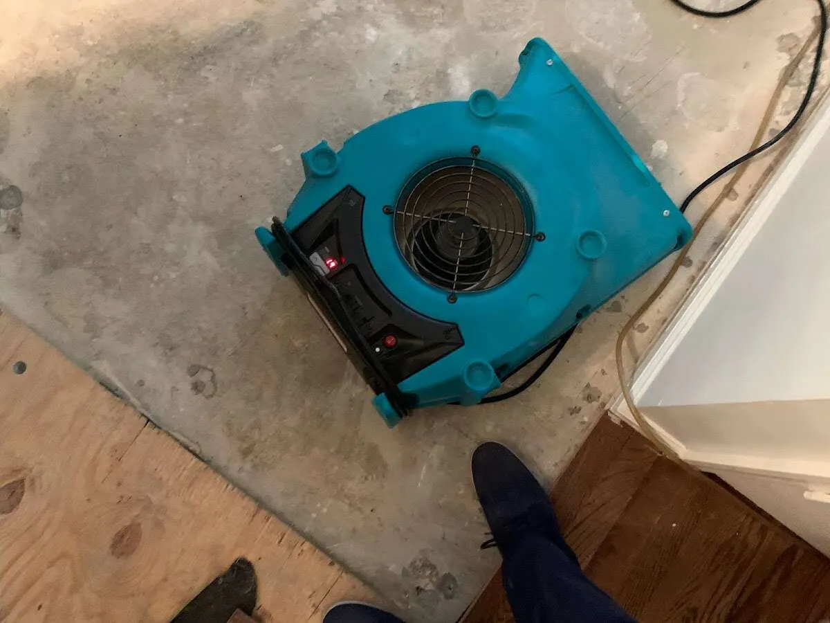 Air mover drying subfloor during Commercial Water Damage Restoration in Hereford